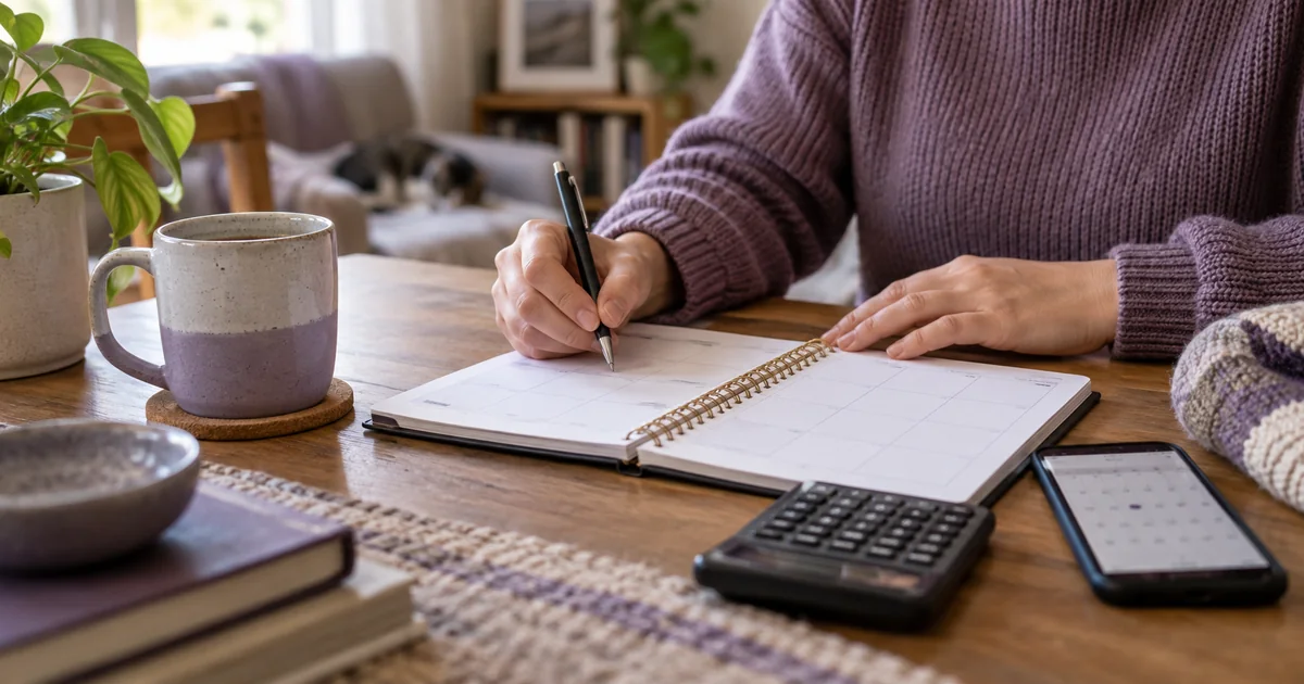 Person reviewing an appointment planner and calculator at a table.