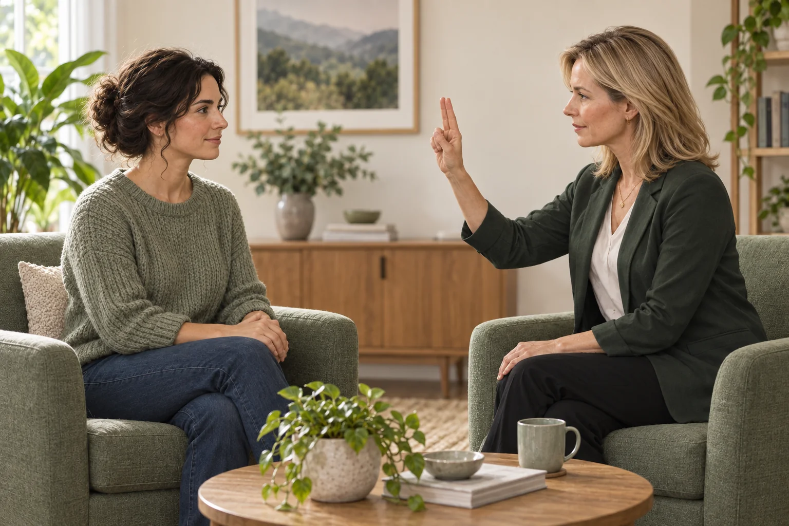 Therapist guiding side-to-side eye movements during EMDR therapy