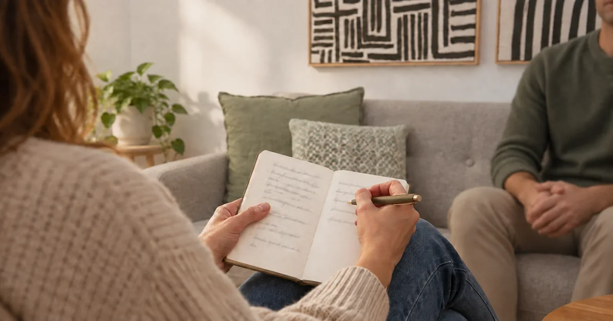 One person writes in a notebook while another sits on a grey sofa.
